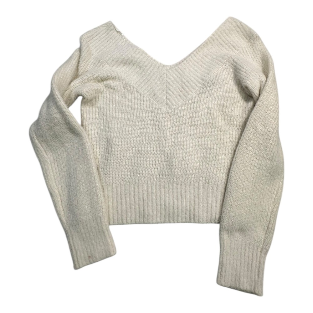 H&M Divided White Off‎ Shoulder V Neck Ribbed Knit Sweater Size S